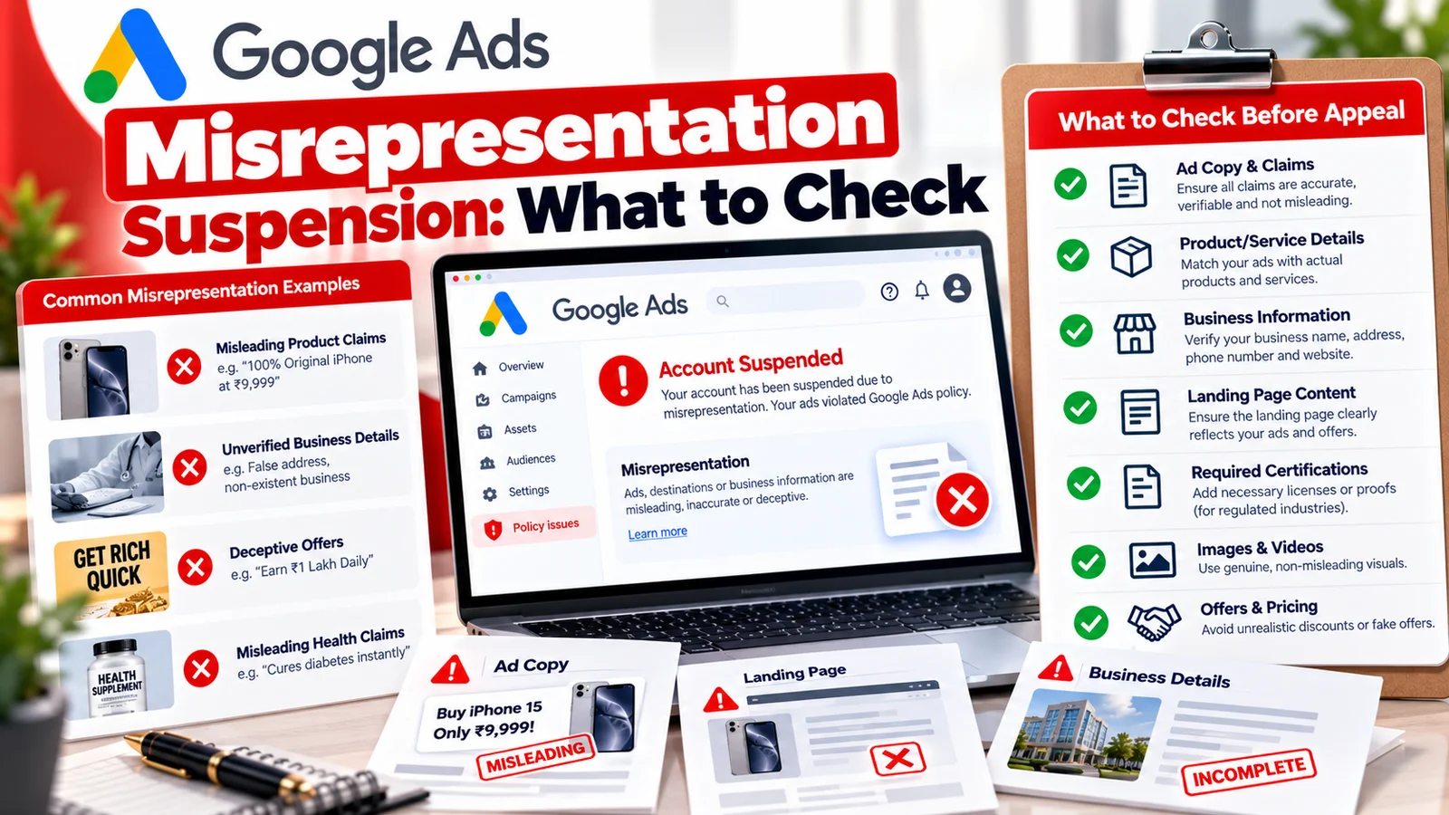 Google Ads misrepresentation suspension checklist showing website and landing page review steps